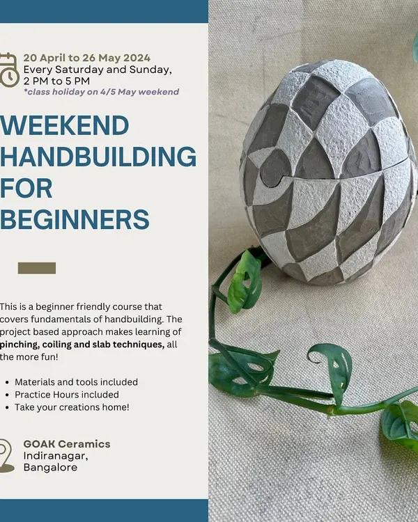 Our weekend hand-building course for beginners is a project based approach covering pinching, coiling, and slab techniques. This poster shows a beautiful lidded piece made by a student.