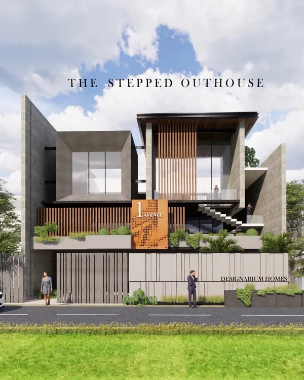 This is my design for 'The Stepped Outhouse,' a 15,000 sq.ft. contemporary villa. The concept uses stepped concrete terraces and large glazings to maximize views of the surrounding greens, while buttress walls and wood accents create an elegant, earthy texture.