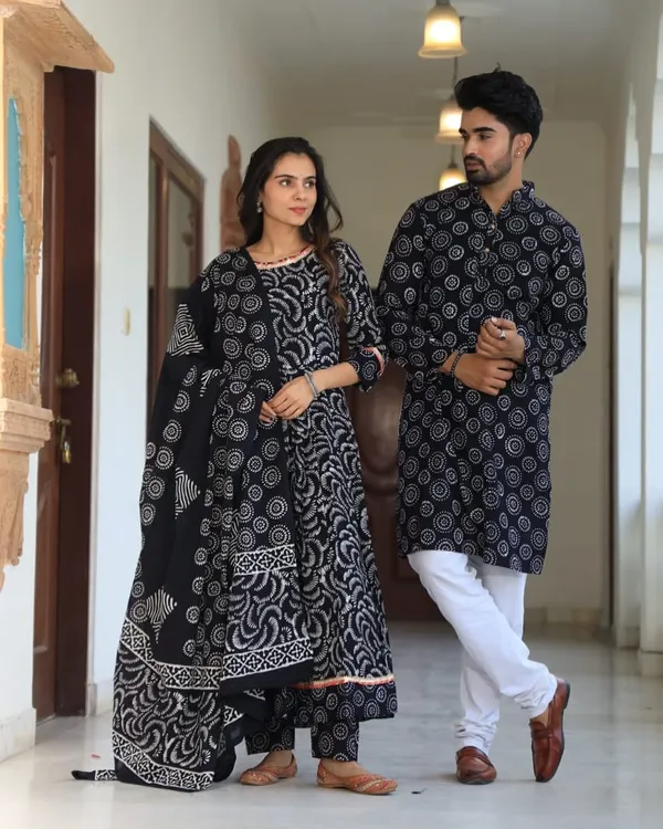 A preview of my coordinated couple outfits. This set features a women's Bagru hand-block printed Anarkali with a pure cotton dupatta, perfectly matched with a men's cotton kurta. Ideal for making a statement together at any festive event or photoshoot.