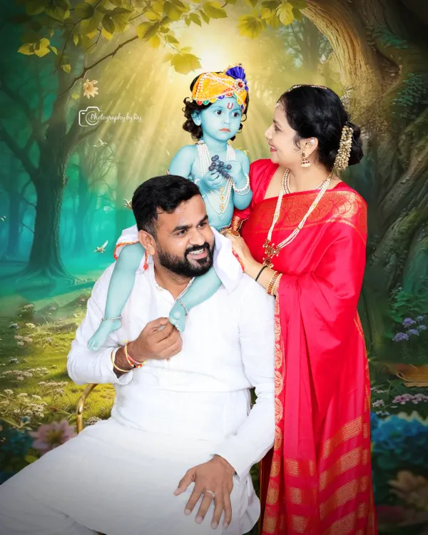 A complete family portrait celebrating the Little Krishna theme. The child, in full costume, is the center of this magical scene, surrounded by his loving parents in our studio with a custom illustrated background.
