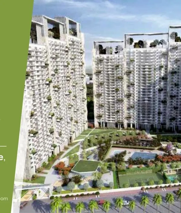 An architectural rendering of the Prateek Edifice in Noida, illustrating our approach to high-density residential design. We focus on creating a central green oasis with extensive recreational amenities, including pools and social seating areas, to foster a strong sense of community and elevate urban lifestyles.
