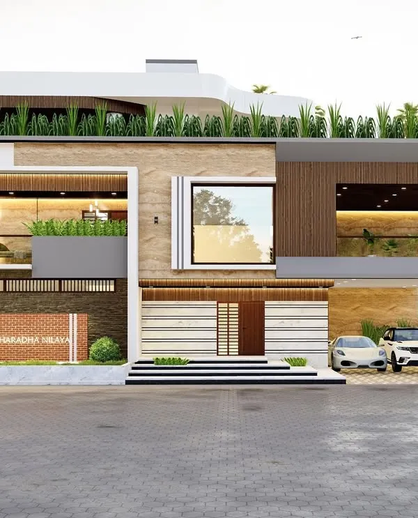 This is a 3D visualization of a modern luxury villa, showcasing my signature style. I focused on creating an impressive facade with a mix of natural stone, wood cladding, and large glass windows, complete with rooftop greenery and a spacious car porch.