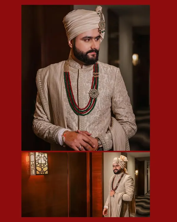 A collage of the groom in his elegant striped sherwani. We capture both full-length shots to show the complete outfit and close-ups that highlight his confident demeanor.