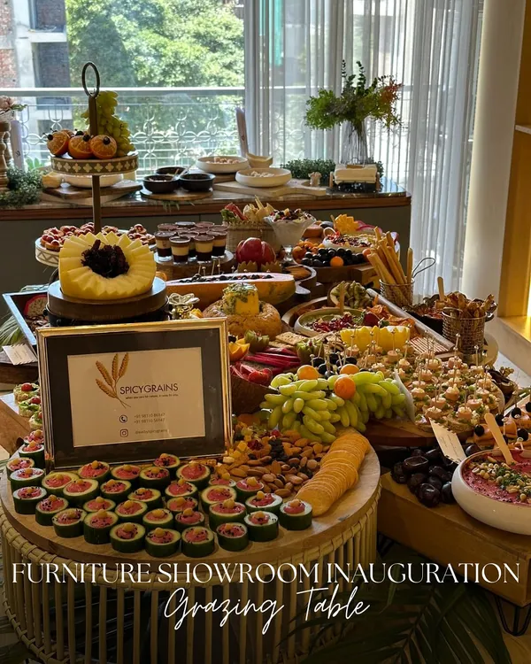 This is what we mean by an epic, Instagram-worthy spread. For a corporate furniture showroom inauguration, we designed this multi-level grazing table, a feast of textures and flavours featuring everything from fresh fruit and artisanal cheese to bite-sized appetizers and decadent desserts.