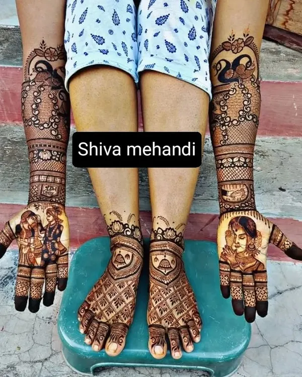 A complete bridal mehendi set for both hands and feet. The design features couple portraits on the palms and matching intricate patterns on the feet for a unified look.