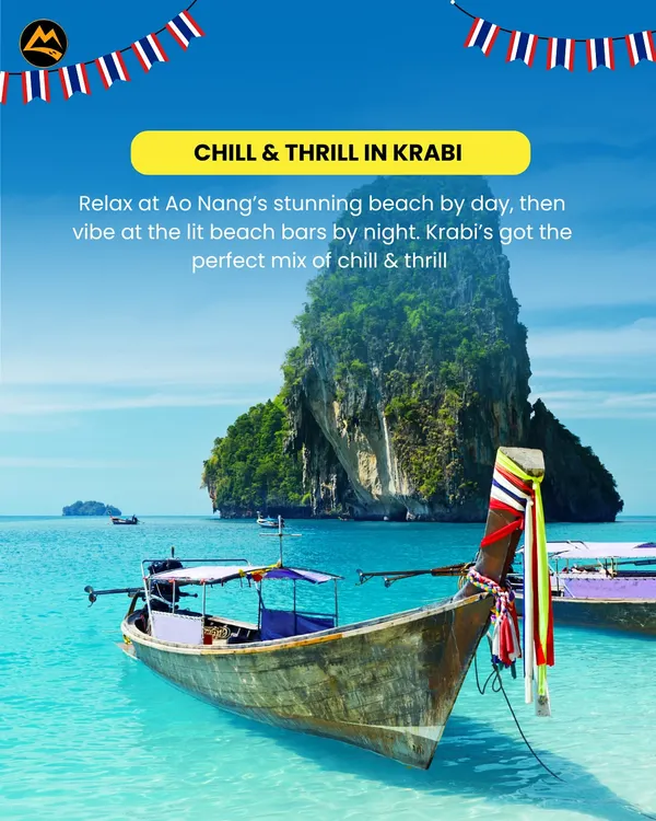Chilling and thrilling in Krabi. The day is for relaxing on Ao Nang's beautiful beach, and the night is for vibing at the lit beach bars.