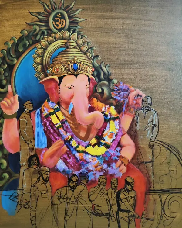 A commissioned painting of Lord Ganesha, rendered in acrylic on canvas. The piece combines a colorful, fully painted depiction of the deity with surrounding line work, showing the blend of finished art and initial sketch.