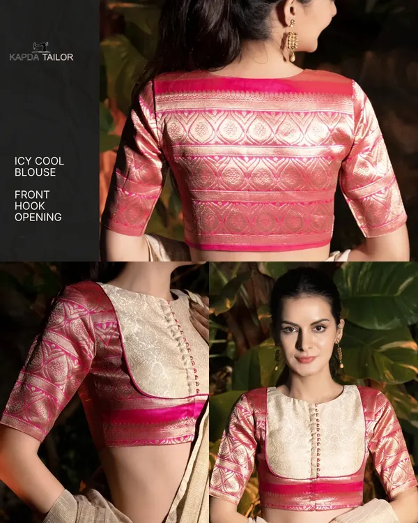 This brocade silk blouse features a unique front hook design with a contrasting panel, creating a silhouette that is both traditional and modern. It's a piece that knows how to turn heads.
