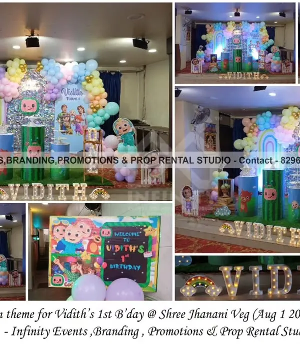 A colorful and detailed Cocomelon theme for Vidith's first birthday. This setup features a pastel balloon arch, character cutouts, themed cylinder tables, and a personalized welcome board, creating a complete party experience.