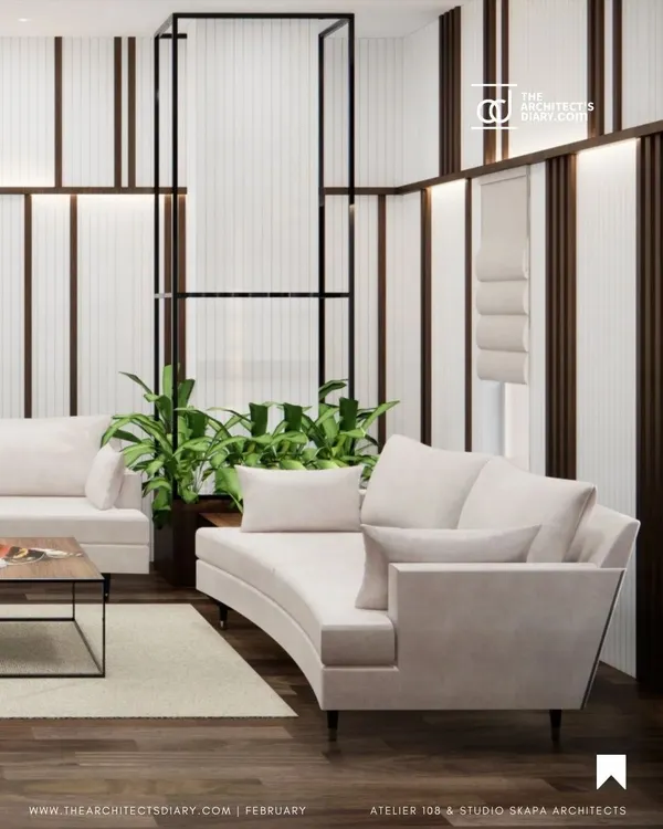 This lounge at the Meghana Foods corporate office embodies our love for quiet luxury. We used a tone on tone palette with curved sofas and clean lines to create a space that feels both opulent and comfortable, perfect for informal meetings or a quiet break.