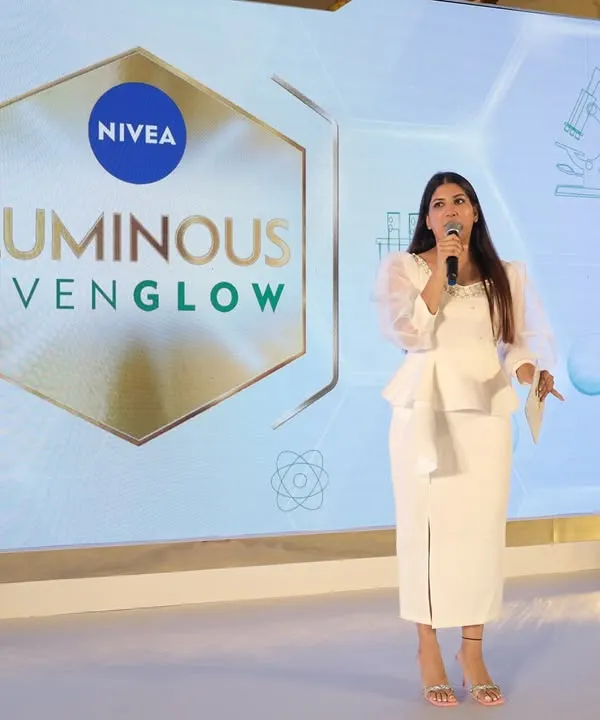 On stage for the Nivea Luminous Evenglow launch. The clean, elegant stage design perfectly matched the brand's aesthetic.