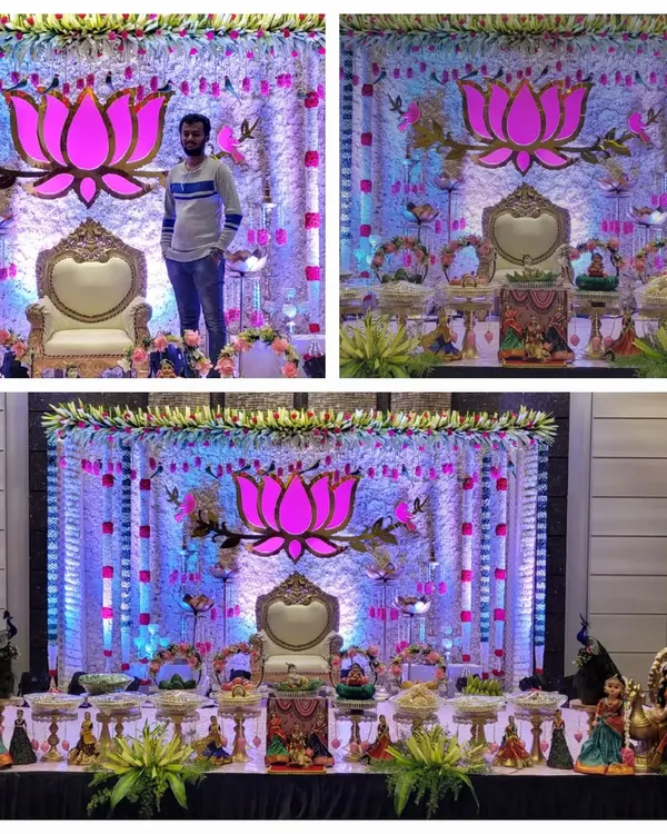 This collage showcases a complete baby shower setup with a lotus-themed backdrop, a royal throne, and an extensive 'seer' table display. The vibrant lighting and traditional elements like peacock statues bring the whole theme together.