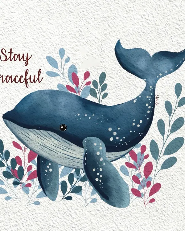 A graceful whale created digitally with a watercolor effect. I surrounded it with colorful sea plants to create a gentle and beautiful underwater scene, accompanied by the reminder to "Stay Graceful."