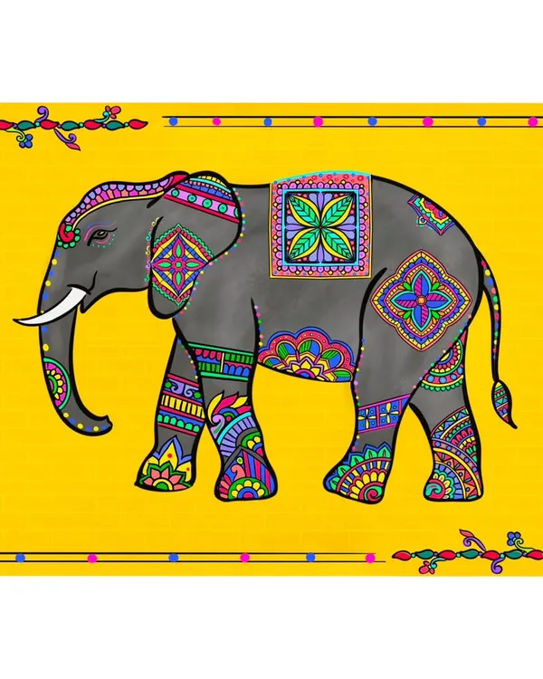 This decorated elephant is a celebration of Indian folk art, reimagined with a modern digital touch. I adorned it with colorful patterns inspired by Madhubani and Pattachitra styles, making it a symbol of wisdom and prosperity for your home.