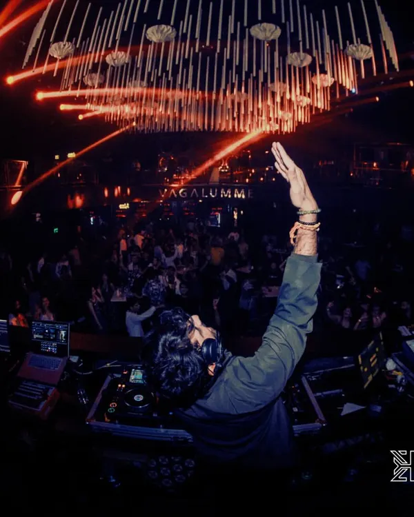 A wide-angle shot capturing the entire club at Vagalumme, Goa. From this vantage point, I can feel the pulse of the room and guide the energy of the night.