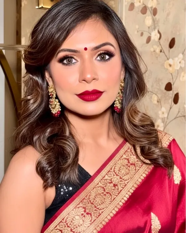 A classic festive look perfect for Navratri or any traditional celebration. I created a bold red lip and sharp winged eyeliner to complement this beautiful red and gold saree. The makeup is designed to be long-lasting for a night of dancing.