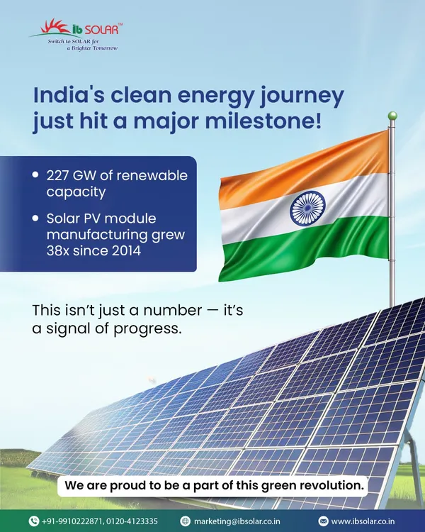 India's clean energy journey has hit a major milestone with 227 GW of renewable capacity and a 38x growth in solar module manufacturing since 2014. We are proud to be a part of this green revolution, contributing to a sustainable future.