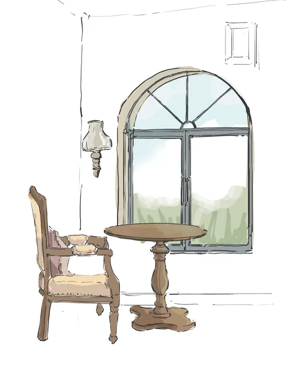 Every project begins with a story, often as a simple line on paper. This initial sketch for a corner at Echoes captures the vision of a warm, inviting nook with an arched window, which we later brought to life.
