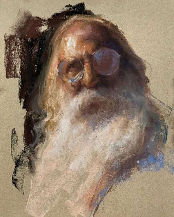 A study of an old man with a beard, done in soft pastels. I focused on the reflection in his glasses and the texture of his beard, using layers of color to create depth and rhythm.