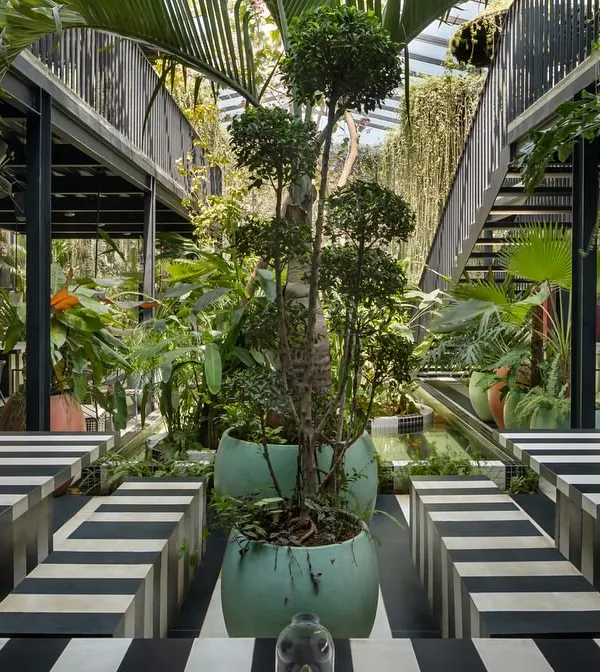 The interior of the Sunrise restaurant is a study in contrasts, with bold striped seating set against a backdrop of dense, tropical greenery. The design creates intimate zones within a larger, open-plan space.
