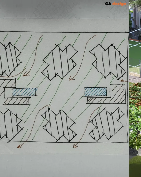 This is the original concept sketch for the Solaris project. The drawing illustrates our initial idea for angling the towers at 45 degrees to maximize cross ventilation and airflow throughout the complex, a core principle that defined the final design.