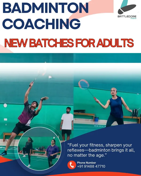 I offer specialized badminton coaching for adults. This poster highlights our new batches, designed for players looking to improve their fitness and master the sport.