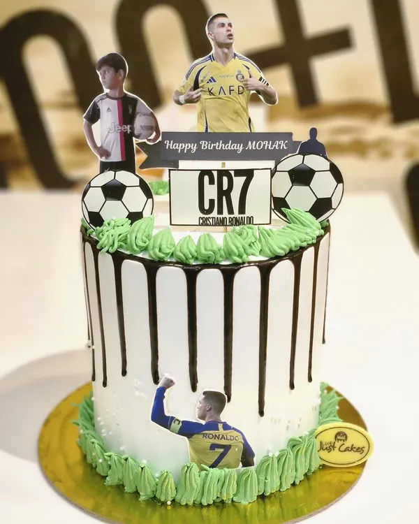 A 1.5kg Cristiano Ronaldo tribute cake for a football fan, featuring a chocolate drip design and CR7 imagery.
