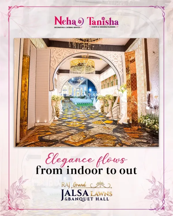 Elegance flows from indoor to out at our Raj Grand Jalsa Lawns. We designed this grand arched entrance with a patterned floor and intricate detailing to create a seamless and luxurious transition for guests.