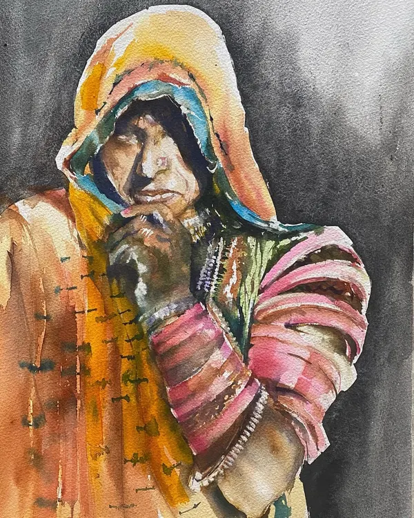 A close up view of my watercolor portrait titled 'The Indian Beauty'. This piece is from my series on Rajasthani women, focusing on their traditional attire and dignified presence.