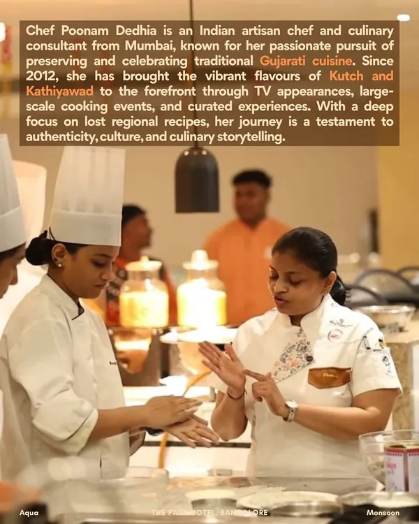We bring culinary experts like Chef Poonam Dedhia to our kitchen. Here, she is seen sharing her deep knowledge of traditional Gujarati cuisine, focusing on lost regional recipes and authentic flavors.