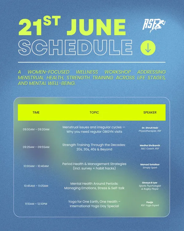 This is the schedule for our "StrongHER" workshop, a women-focused event addressing menstrual health, strength training across life stages, and mental well-being. It demonstrates our commitment to providing specialized, expert-led education for all members of our community.