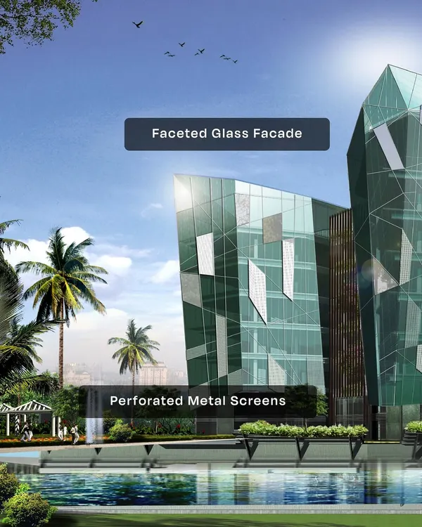 A render of our diamond-inspired facade concept, highlighting the faceted glass and perforated metal screens. These elements are designed to play with light and reflection, creating a dynamic building exterior.