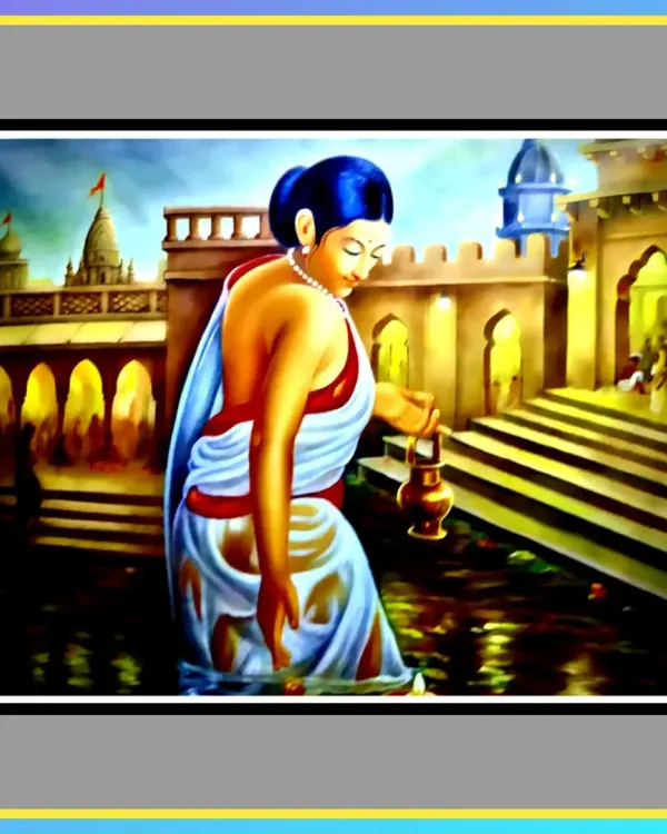 A serene painting of a woman at a ghat, performing a ritual. This piece captures a quiet, spiritual moment in a traditional Indian setting.