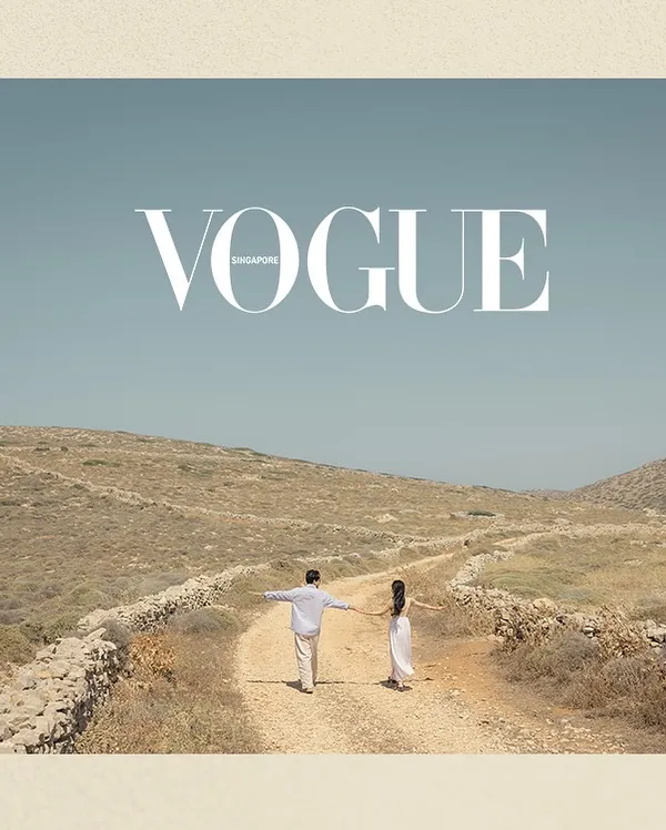 Our work featured in Vogue Singapore, showcasing Mia and Kavin's stunning multicultural wedding in the Greek isles. This image captures the epic, windswept landscape that served as their backdrop.
