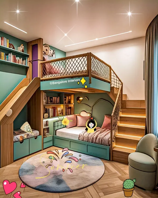 A dream come true for any child, this custom bunk bed features a slide, stairs with built-in storage, and a cozy reading nook underneath. The playful design and vibrant colors create a fun and imaginative space.