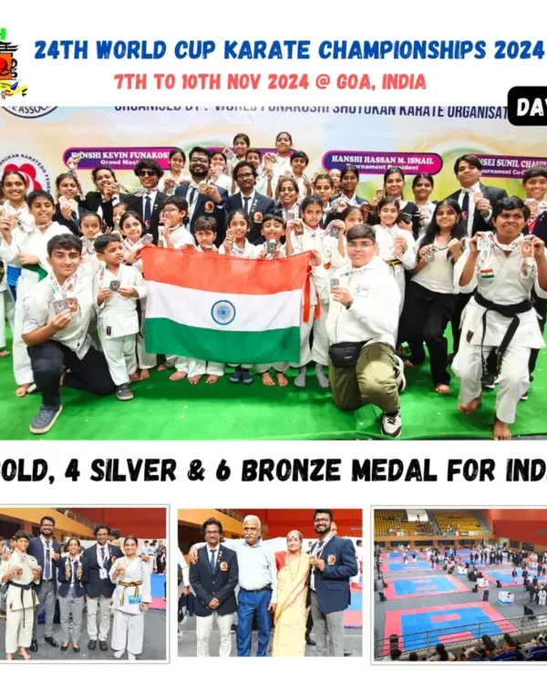We are immensely proud to represent India on the world stage. This is our team at the 24th FSKA World Cup Karate Championship 2024 in Goa, celebrating a significant medal haul against competitors from over 25 countries.