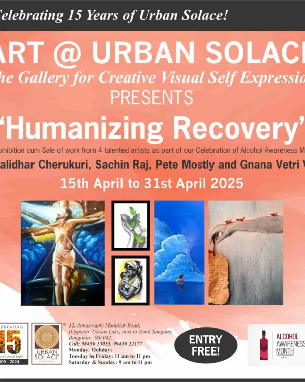 Our poster for 'Humanizing Recovery', an exhibition for Alcohol Awareness Month featuring work from four talented artists on their journey of healing.