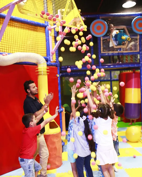 A shower of fun in our ball pit. This is one of our most popular attractions, where kids can play, jump, and get showered with thousands of soft, colorful balls in a safe and supervised environment.