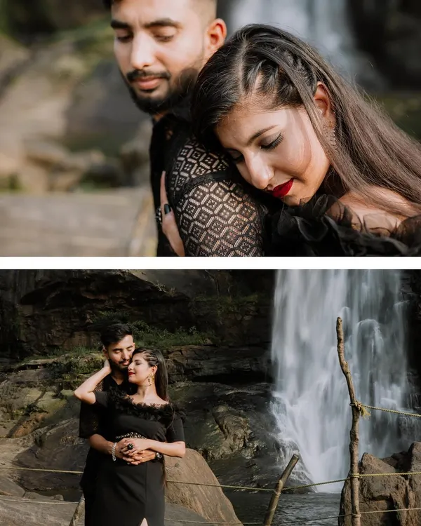 A collage showcasing a romantic couple's shoot against a breathtaking waterfall. The images capture both tender close-ups and wider shots that emphasize the grand scale of the natural scenery, creating a powerful love story.