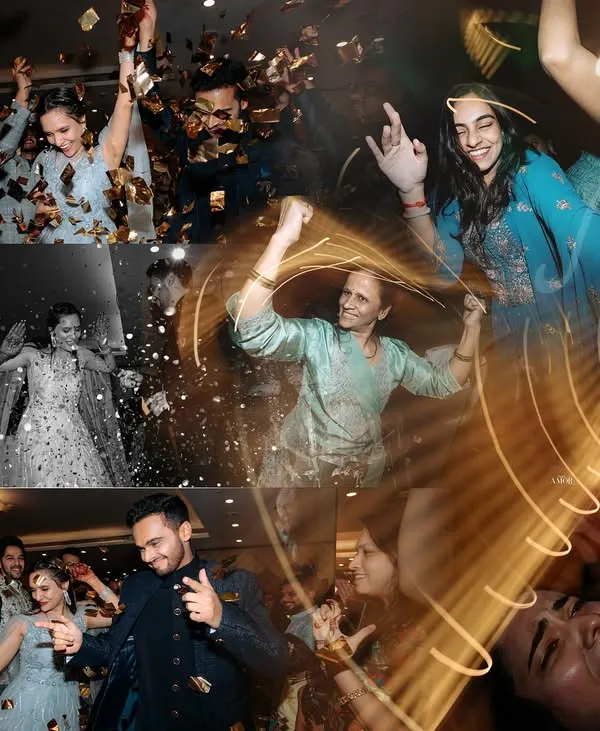A collage capturing the peak of a Sangeet party. From the couple's grand entrance under a shower of confetti to the wild energy on the dance floor, we document it all.