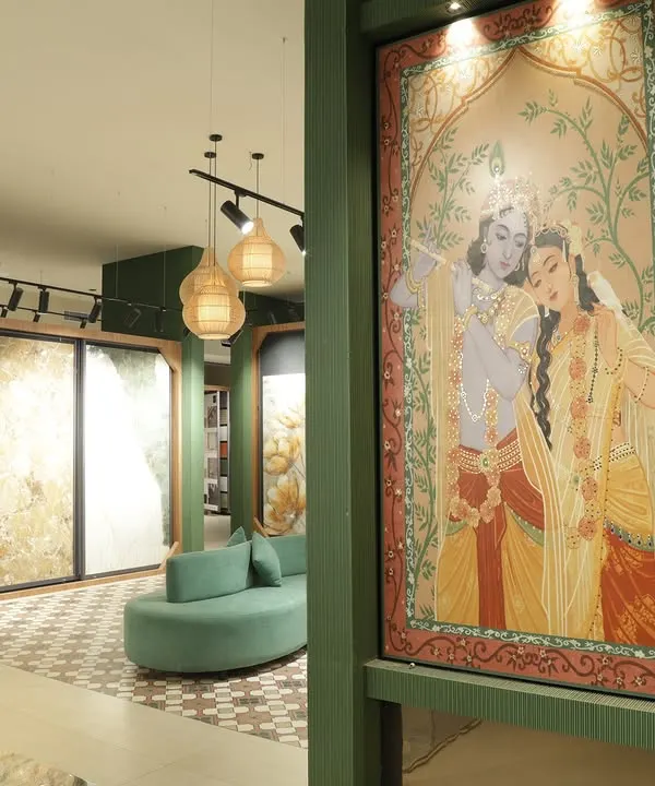 This large-scale custom tile mural of Radha and Krishna shows how I can transform your favorite artwork into a breathtaking centerpiece for your home. Created for a pooja room, this piece is made from high-quality vitrified tiles, ensuring the art remains vibrant and timeless.