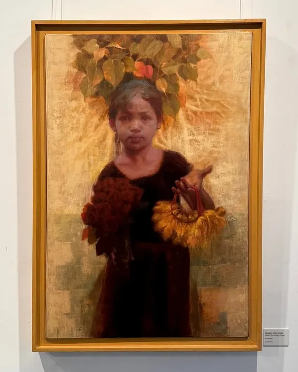 My painting "Hope of Innocent Flowers" on display after receiving the Kalanand Award. This piece is a metaphor for the aspirations of slum children, using flowers as a symbol of their potential.