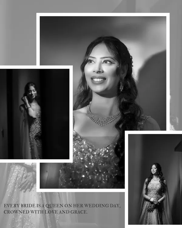A black and white collage celebrating the bride. It combines several portraits to create a story of her grace and elegance, proving that every bride is a queen.
