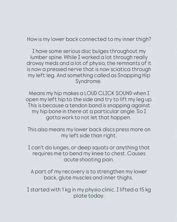 A text post explaining my personal journey with disc bulges, sciatica, and Snapping Hip Syndrome. It’s about how I use strengthening to recover and manage my pain.