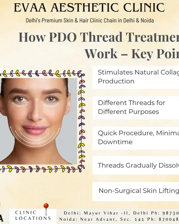 A guide to how our PDO Thread Treatments work. The procedure stimulates natural collagen, uses different threads for different purposes, is quick with minimal downtime, and provides non-surgical skin lifting as the threads gradually dissolve.