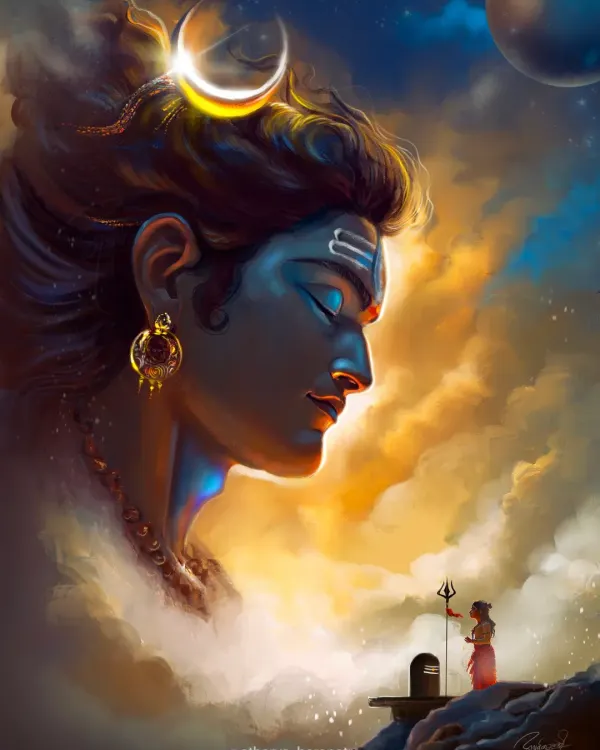 A digital painting capturing the profound connection between a devotee and Mahadev. This piece illustrates my belief that where there is faith, Shiva himself manifests, showing the lord in a moment of serene grace.