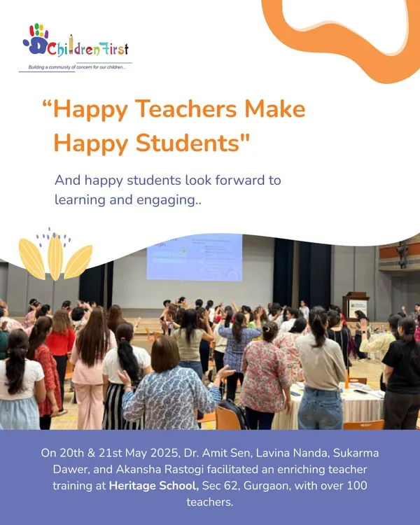 We believe that happy teachers make happy students. This photo shows our team facilitating an immersive training session for over 100 educators at Heritage School, focusing on nurturing teacher well-being to create joyful classrooms.