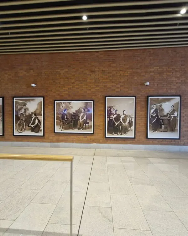 A wide installation view of 'Parimala Prasada' by Pushpamala N. at Terminal 2 of the Kempegowda International Airport in Bengaluru. This series of seven archival prints creates a powerful narrative wall in a major public space.