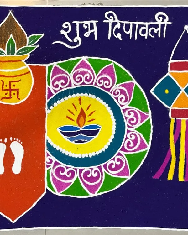 A complete traditional Diwali rangoli featuring a 'kalash', Goddess Lakshmi's footprints, a diya, and a 'kandil', with "Shubh Deepavali" written in Marathi. This design is perfect for a home entrance.