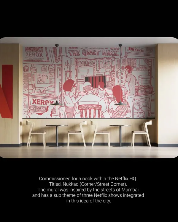 An overview of the 'Nukkad' mural commissioned for a nook within the Netflix HQ. The design was inspired by the streets of Mumbai and integrated themes from three Netflix shows.